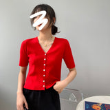 Women Knitted T-shirt Summer Retro Short Sleeve V-neck Coat