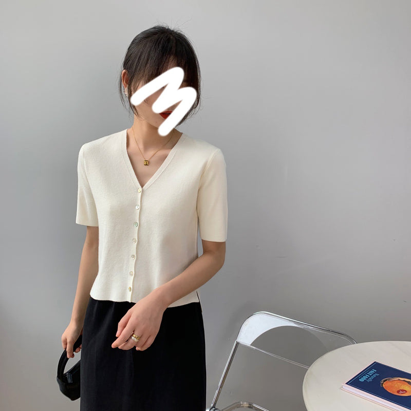Women Knitted T-shirt Summer Retro Short Sleeve V-neck Coat