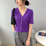 Women Knitted T-shirt Summer Retro Short Sleeve V-neck Coat