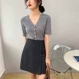 Women Knitted T-shirt Summer Retro Short Sleeve V-neck Coat