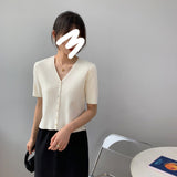 Women Knitted T-shirt Summer Retro Short Sleeve V-neck Coat