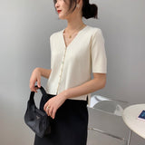 Women Knitted T-shirt Summer Retro Short Sleeve V-neck Coat