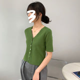 Women Knitted T-shirt Summer Retro Short Sleeve V-neck Coat