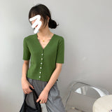 Women Knitted T-shirt Summer Retro Short Sleeve V-neck Coat