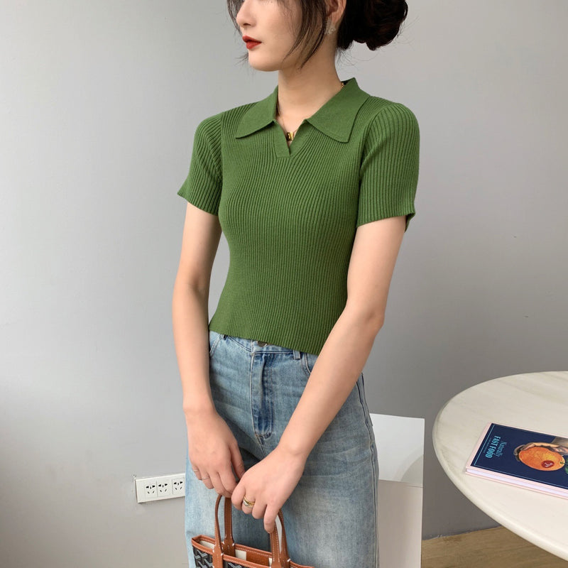 Women Knitted T-shirt Polo Shirt Knitwear Sexy Retro Slim Fit Short Sweater