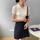 Women Knitted T-shirt Polo Shirt Knitwear Sexy Retro Slim Fit Short Sweater
