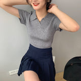 Women Knitted T-shirt Polo Shirt Knitwear Sexy Retro Slim Fit Short Sweater