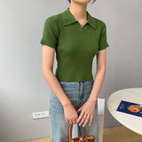Women Knitted T-shirt Polo Shirt Knitwear Sexy Retro Slim Fit Short Sweater
