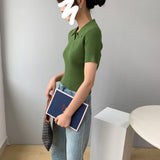 Women Knitted T-shirt Polo Shirt Knitwear Sexy Retro Slim Fit Short Sweater