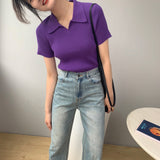 Women Knitted T-shirt Polo Shirt Knitwear Sexy Retro Slim Fit Short Sweater