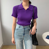 Women Knitted T-shirt Polo Shirt Knitwear Sexy Retro Slim Fit Short Sweater