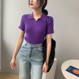 Women Knitted T-shirt Polo Shirt Knitwear Sexy Retro Slim Fit Short Sweater