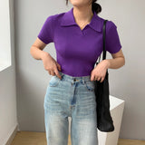 Women Knitted T-shirt Polo Shirt Knitwear Sexy Retro Slim Fit Short Sweater