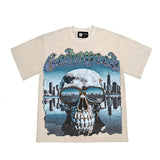 Hip-hop t-shirts: american high street retro washed & distressed skull print oversized short sleeve tee - trendy style