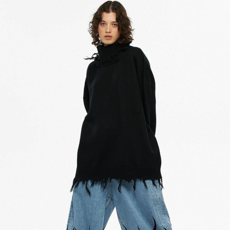 Vetements Sweater Autumn and Winter Ripped Frayed Turtleneck Sweater Loose Sweater