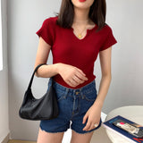 Women Knitted T-shirt Autumn Short Sleeve Summer V-neck Top Short T-shirt