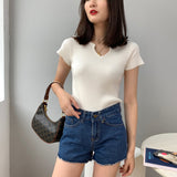 Women Knitted T-shirt Autumn Short Sleeve Summer V-neck Top Short T-shirt