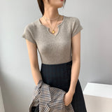Women Knitted T-shirt Autumn Short Sleeve Summer V-neck Top Short T-shirt