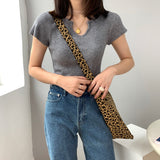 Women Knitted T-shirt Autumn Short Sleeve Summer V-neck Top Short T-shirt