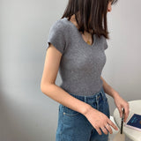 Women Knitted T-shirt Autumn Short Sleeve Summer V-neck Top Short T-shirt