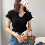 Women Knitted T-shirt Autumn Short Sleeve Summer V-neck Top Short T-shirt
