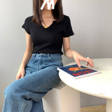 Women Knitted T-shirt Autumn Short Sleeve Summer V-neck Top Short T-shirt