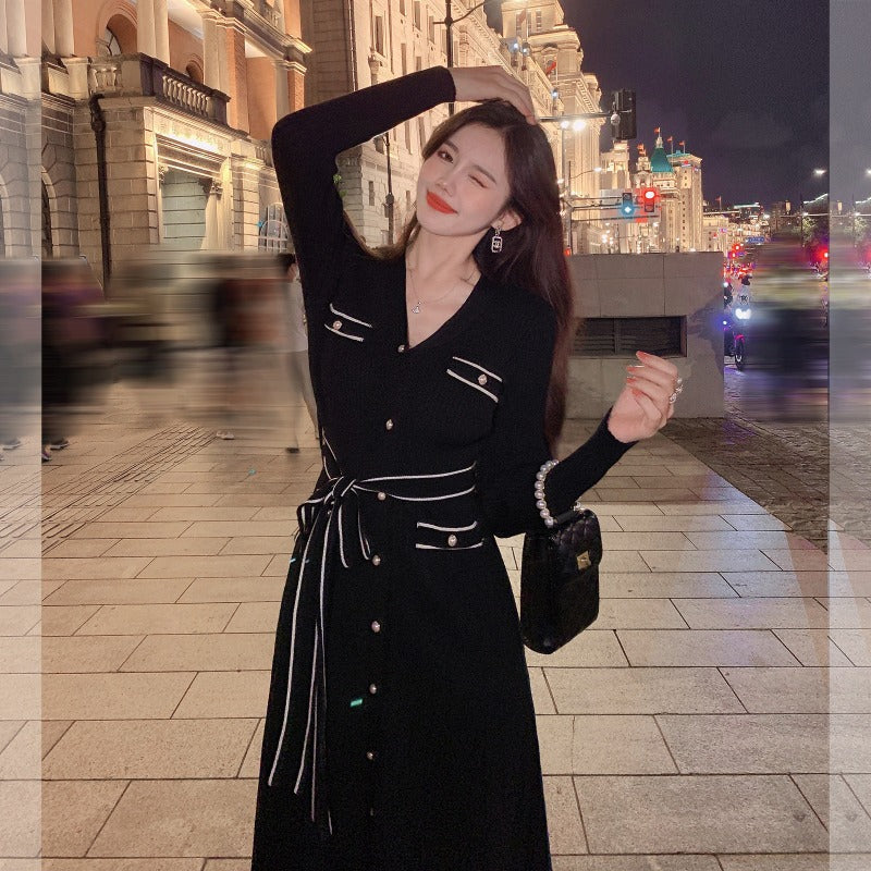 Women Maxi Dress Autumn and Winter Long Woolen Skirt V-neck Knitted Dress