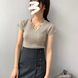 Women Knitted T-shirt Autumn Short Sleeve Summer V-neck Top Short T-shirt
