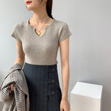 Women Knitted T-shirt Autumn Short Sleeve Summer V-neck Top Short T-shirt