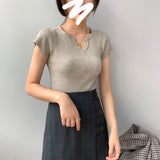 Women Knitted T-shirt Autumn Short Sleeve Summer V-neck Top Short T-shirt