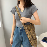 Women Knitted T-shirt Autumn Short Sleeve Summer V-neck Top Short T-shirt