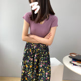Women Knitted T-shirt Autumn Short Sleeve Summer V-neck Top Short T-shirt