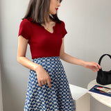 Women Knitted T-shirt Autumn Short Sleeve Summer V-neck Top Short T-shirt