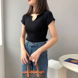 Women Knitted T-shirt Autumn Short Sleeve Summer V-neck Top Short T-shirt