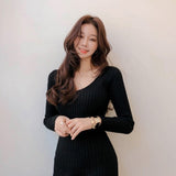Women Maxi Dress Autumn and Winter V-neck Long Sleeve Slim Fit Sexy Hip Knitwear Dress