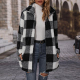 Women Trench Coat Autumn Lapel Long Sleeve Loose Plaid Zipper Double-Sided Velvet Casual Long Coat