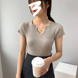 Women Knitted T-shirt Autumn Short Sleeve Summer V-neck Top Short T-shirt