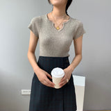 Women Knitted T-shirt Autumn Short Sleeve Summer V-neck Top Short T-shirt