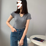 Women Knitted T-shirt Autumn Short Sleeve Summer V-neck Top Short T-shirt