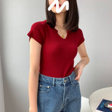 Women Knitted T-shirt Autumn Short Sleeve Summer V-neck Top Short T-shirt