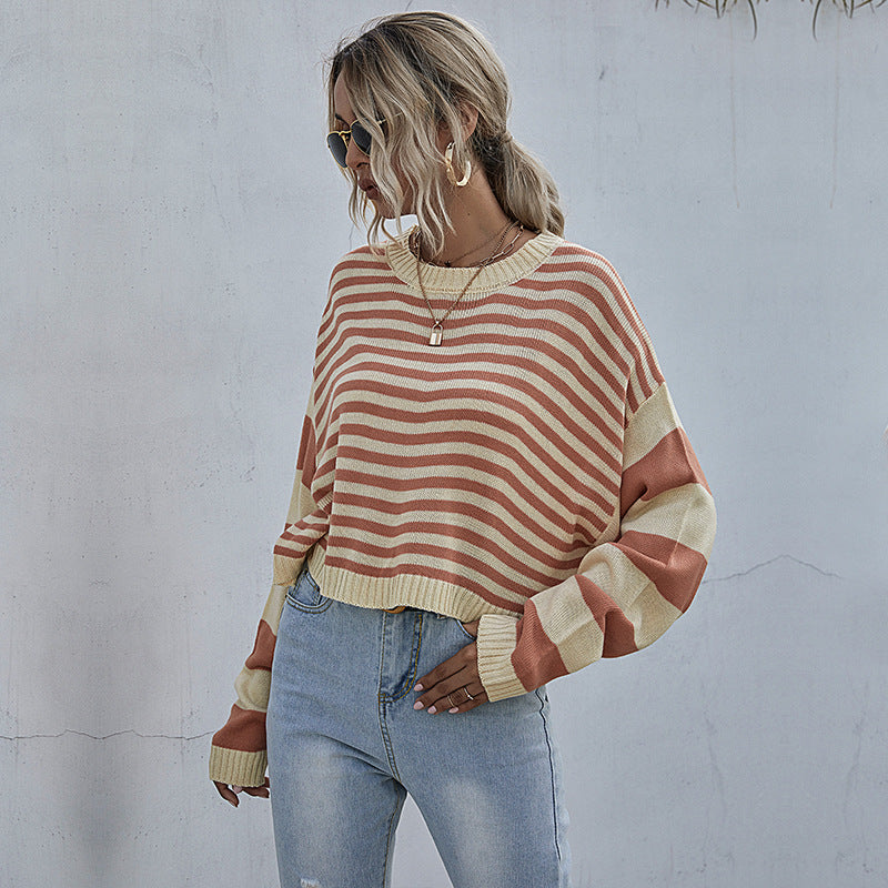 Women Knitted Sweater Striped round Neck Loose Knitted Short Sweater for Women