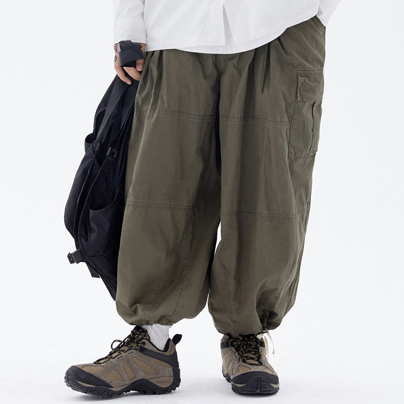 Men Sweatpants Solid Color Harem Pants Male Loose-Fit Tappered Trousers Multi-Pocket Cargo Pants