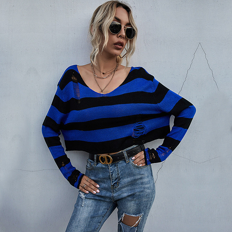 Women Knitted Sweater Autumn Striped V-neck Loose Short Knitted Bottoming Sweater