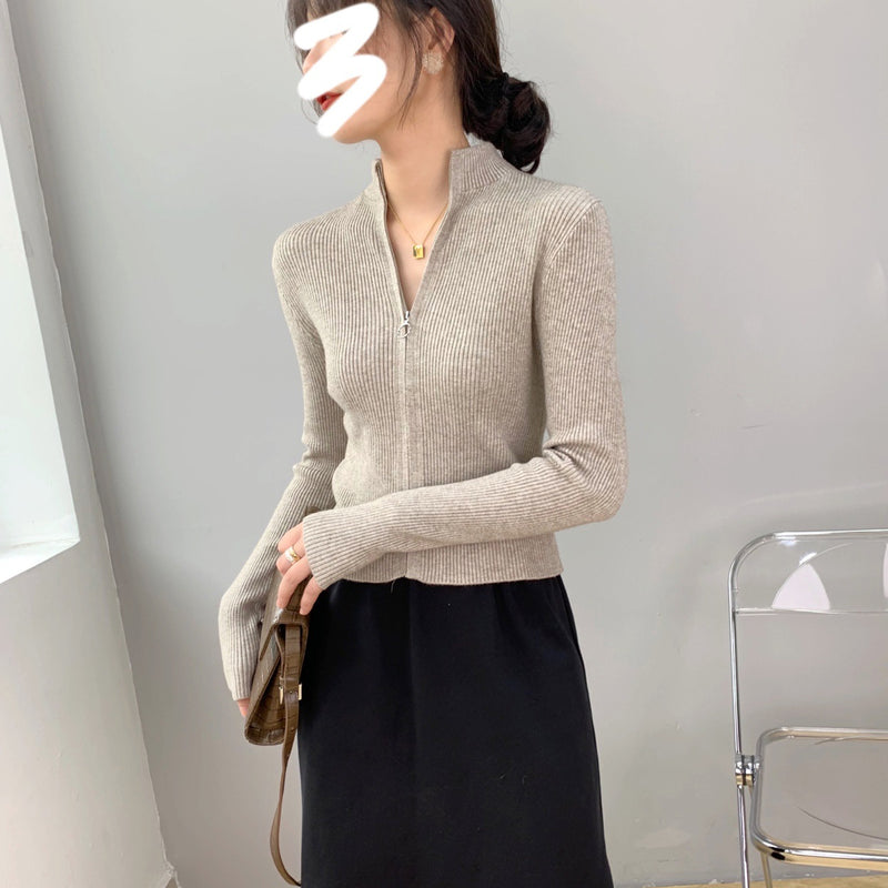 Women Cardigan Sweater Zipper Knitted Long Sleeve Hoodie Short Slim Knit Sweater 8t8073