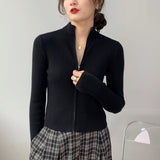 Women Cardigan Sweater Zipper Knitted Long Sleeve Hoodie Short Slim Knit Sweater 8t8073