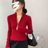 Women Cardigan Sweater Zipper Knitted Long Sleeve Hoodie Short Slim Knit Sweater 8t8073
