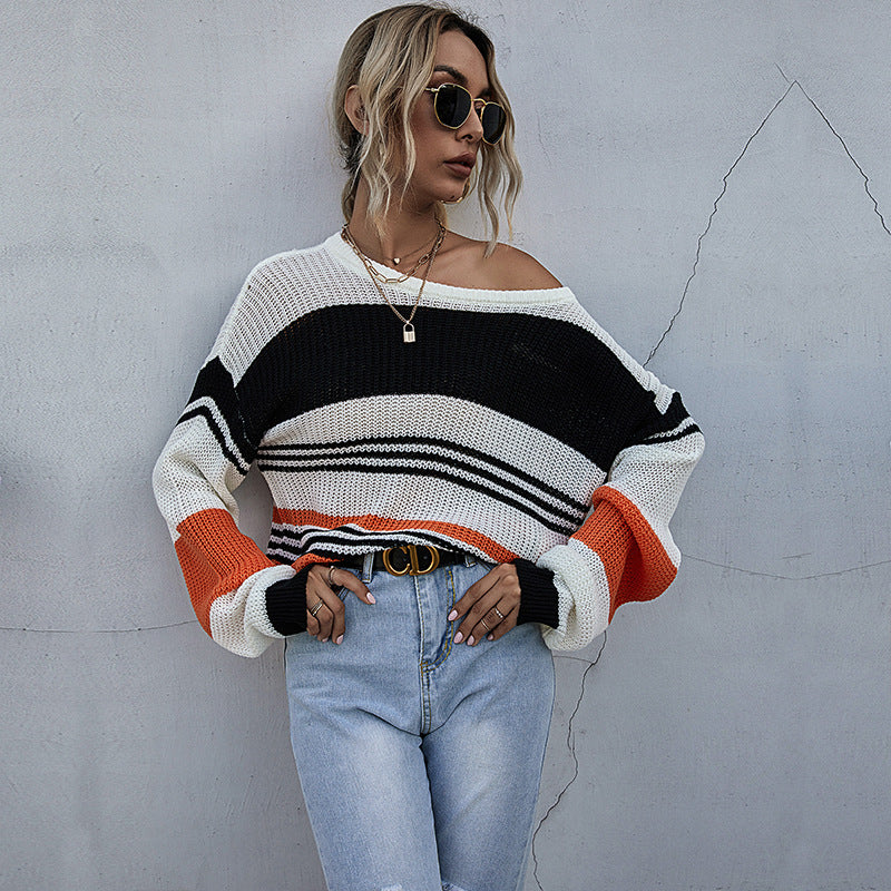 Women Knitted Sweater Striped Knitted Sweater Women's Loose Long Sleeve Autumn