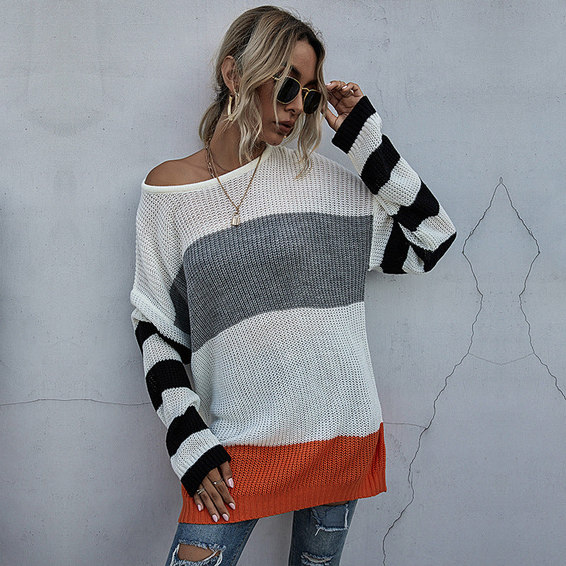 Women Knitted Sweater Autumn Leisure Long Sleeve Color Matching Women's Mid-Length Sweater