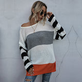 Women Knitted Sweater Autumn Leisure Long Sleeve Color Matching Women's Mid-Length Sweater