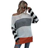 Women Knitted Sweater Autumn Leisure Long Sleeve Color Matching Women's Mid-Length Sweater